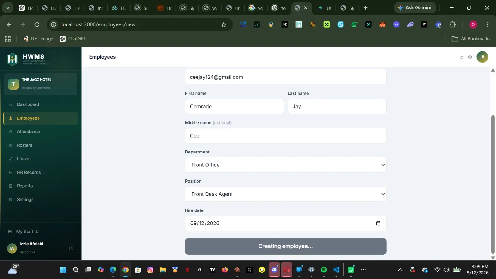HWMS new employee creation form